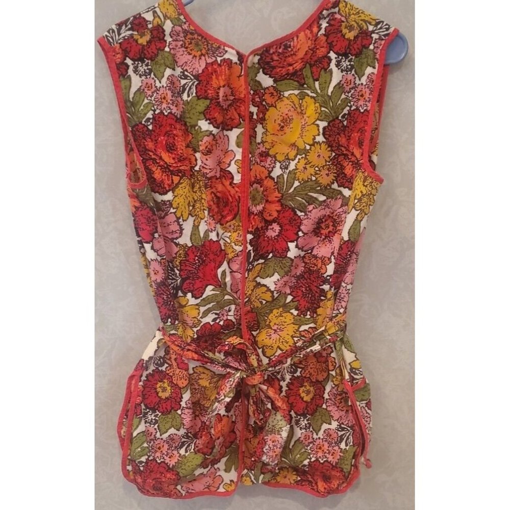 Vintage Bright Floral Apron Three Front Pockets Tie Back